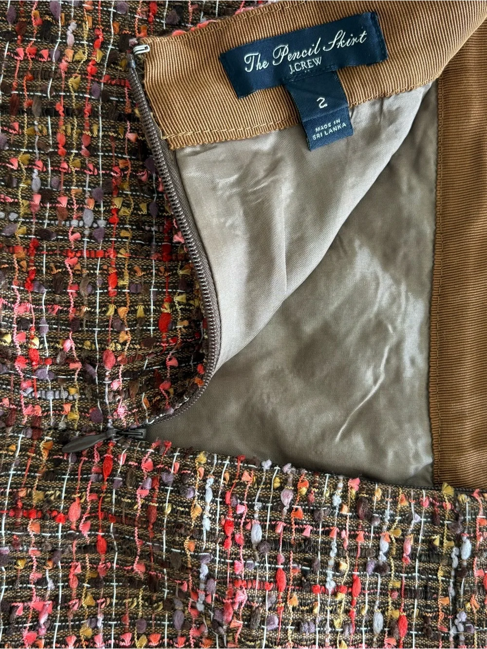 J.Crew Textured Bouclé Tweed Pencil Skirt Size 2 Brown Pink Multicolor Office